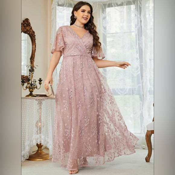 SHEIN Dresses & Skirts - NWT Belle Plus Floral Embroidered Flutter Sleeve Overlap Collar Mesh Dress Sz 12